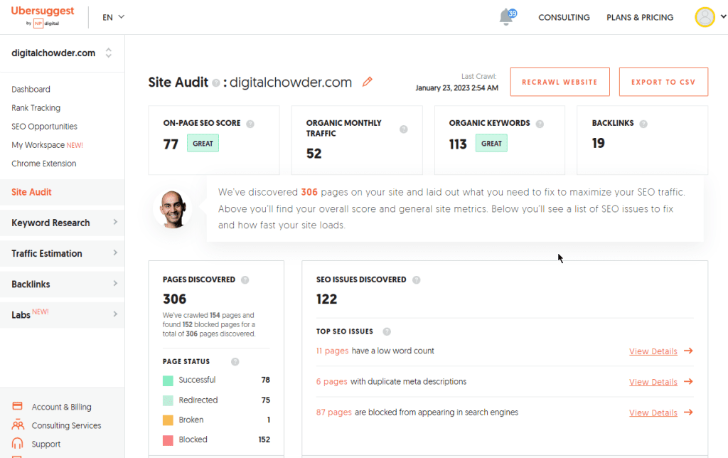 Ubersuggest site  audit